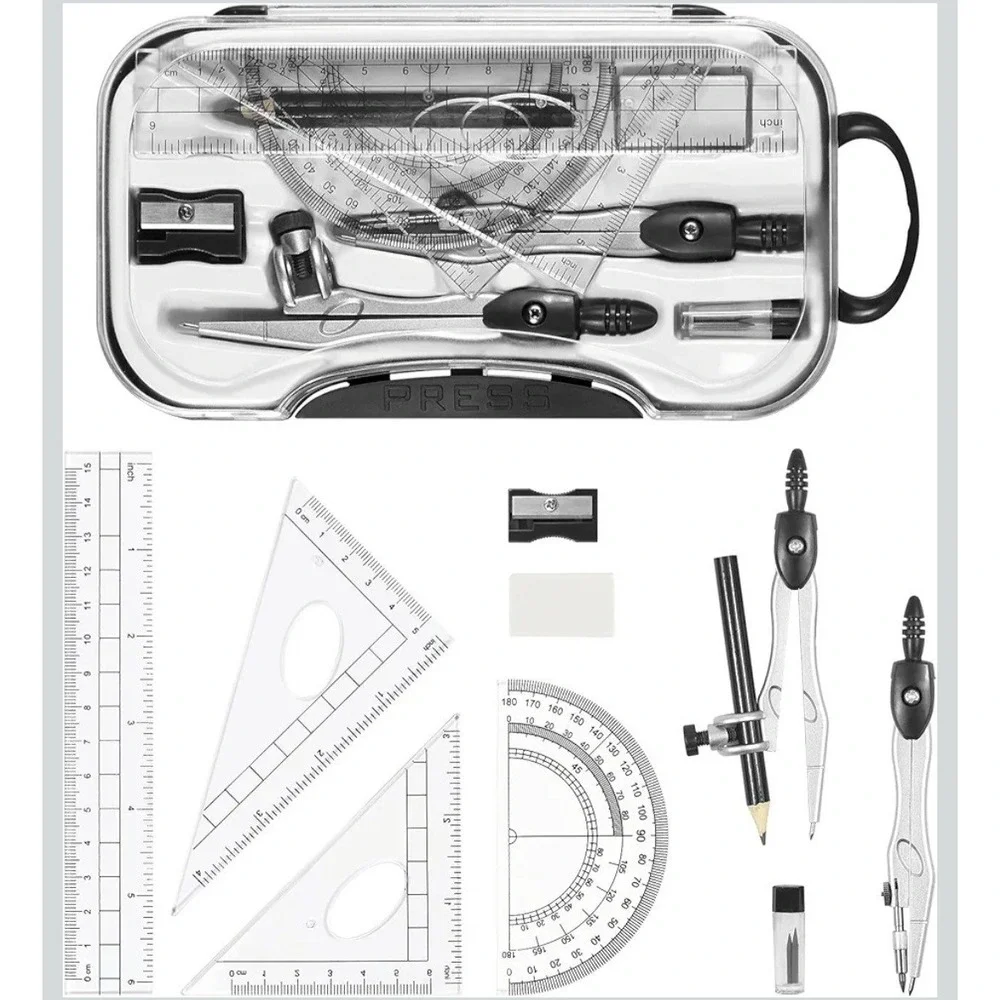 Student Geometry Set 10 Piece, Compass Ruler Protractor, Drafting Tools,‎ Black